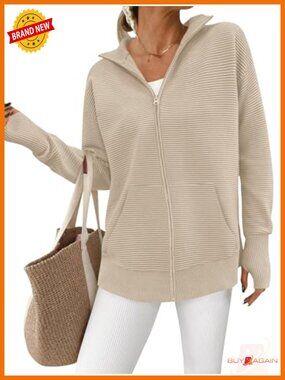 Womens Long Sleeve Zip Up Ribbed Cardigan Sweater with Thumb Holes